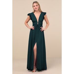 NWT Lulus I'm All Yours Emerald Green Ruffled Maxi Dress Bridesmaid Cocktail M
